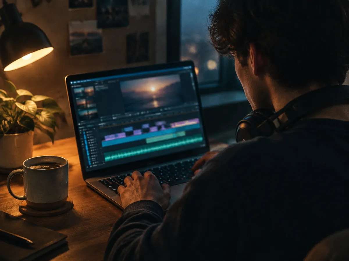 Video editor adding AI background music under a clip on a laptop timeline