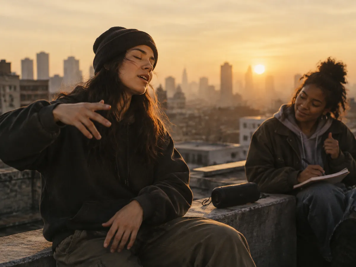 Woman freestyling on a rooftop at sunset over an AI-generated beat from a portable speaker