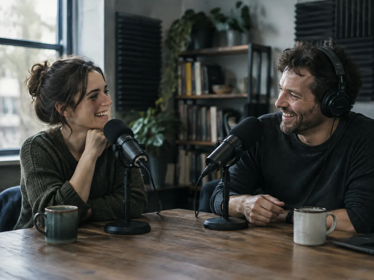 Two podcast hosts laughing at their microphones during a show with an AI intro