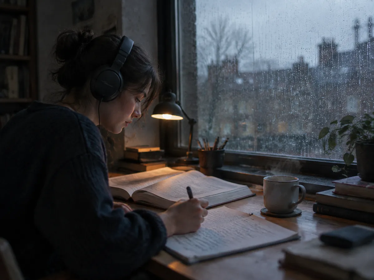 Student with headphones studying by a rainy window to AI lo-fi instrumental music