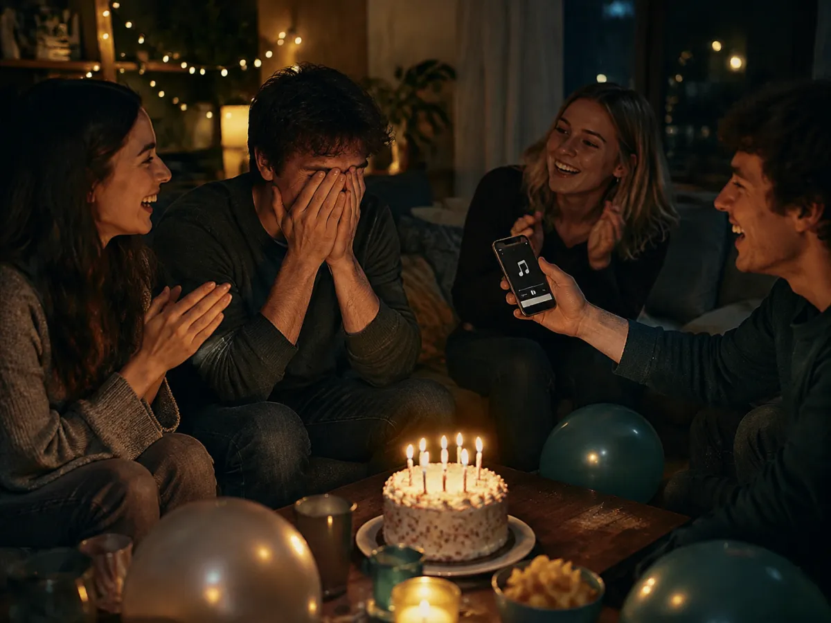 Friends surprising a man at a birthday party by playing an AI birthday rap on a phone
