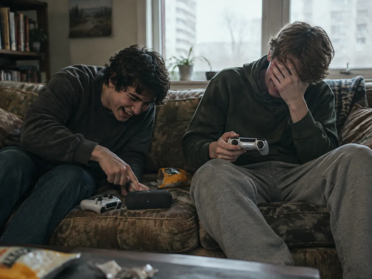 Two brothers laughing on a couch as a playful AI diss track plays from a speaker