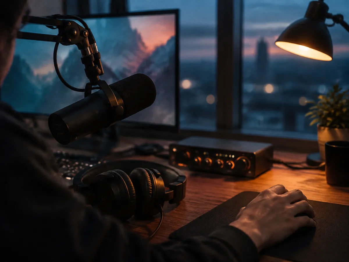 Streamer desk with a microphone and headphones for recording an AI rap intro