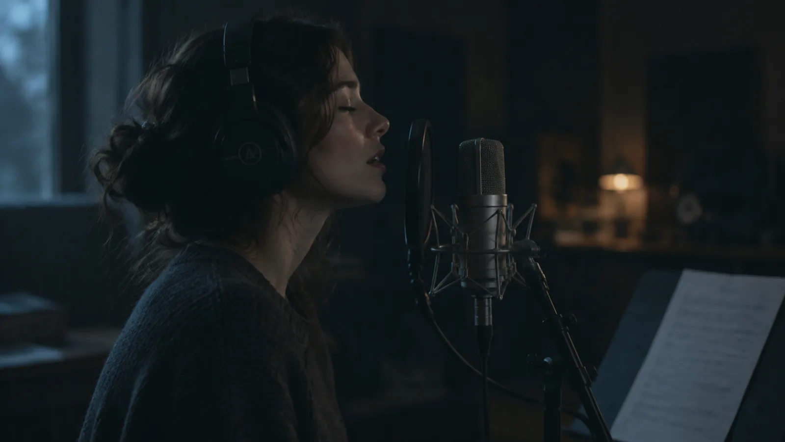 Singer in profile at a studio microphone, lit by soft cool window light in a dim recording studio